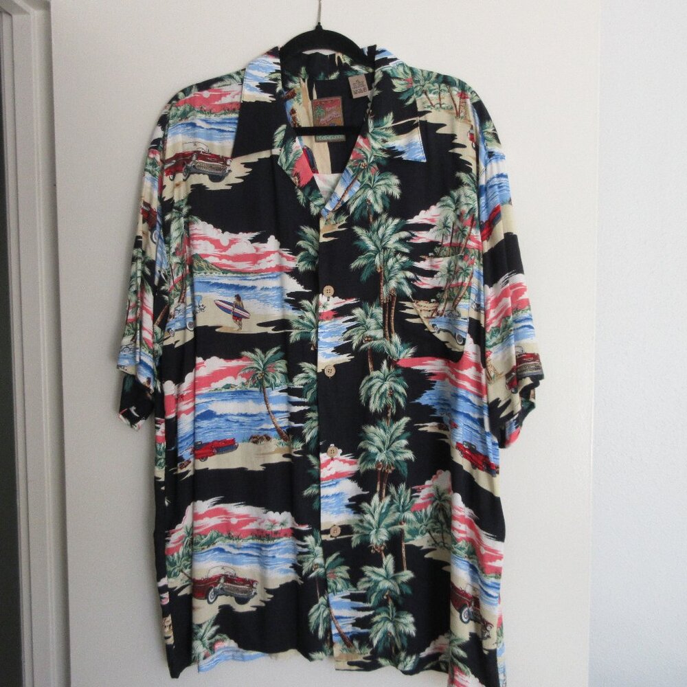 Island Collection Mens XL Button Up Shirt Hawaiian Beach Surfers 57 Chevy Palms